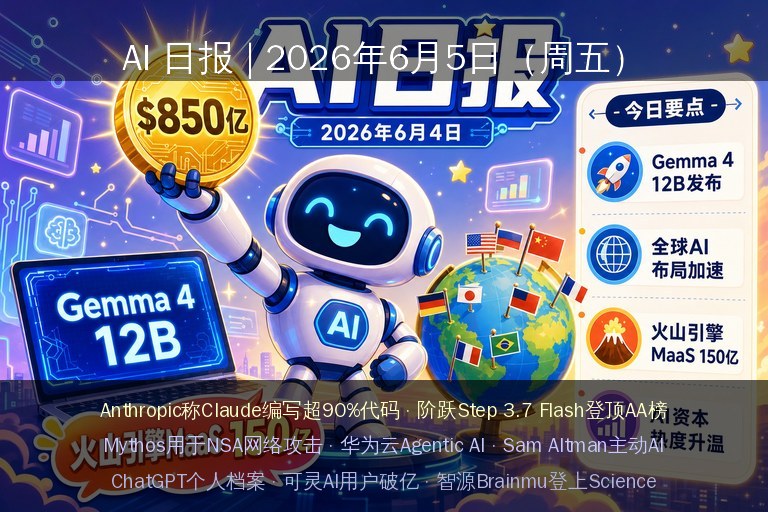 AI 日报 | 2026年6月5日(周五):Anthropic称Claude编写超90%代码、阶跃Step 3.7 Flash登顶AA榜