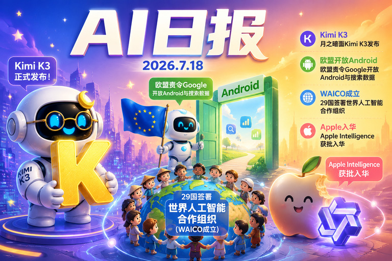 AI早报 | 2026年7月18日（周六）：月之暗面Kimi K3、欧盟责令Google开放Android