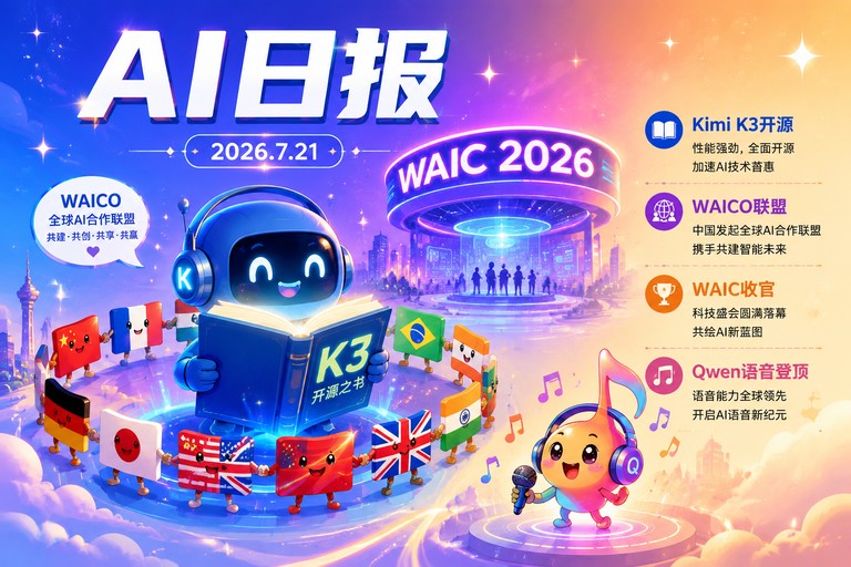 AI早报 | 2026年7月21日(周二):Kimi K3开源在即、中国发起WAICO全球AI合作联盟