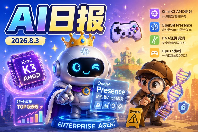 AI早报 | 2026年8月3日(周一):OpenAI发布Presence、DNA证据被曝可AI篡改、Claude Opus 5一句话生成3D游戏