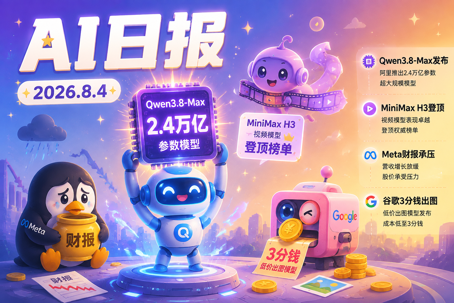 AI早报 | 2026年8月4日(周二):阿里发布Qwen3.8-Max旗舰模型、MiniMax H3开源登顶AI视频榜