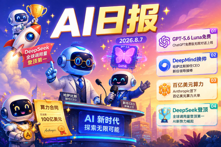 AI早报 | 2026年8月7日(周五):ChatGPT免费版升级GPT-5.6 Luna无限对话、DeepMind掌门哈萨比斯卸任CEO